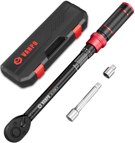 VANPO 1/2 Clé Dynamométrique 20-220Nm, 72 Dents Voiture y Moto Clés Dynamométriques 3 Pièces jeu avec 125mm Barre d'extension, 3/8 Adaptateur, pour Remplacer les Pneus