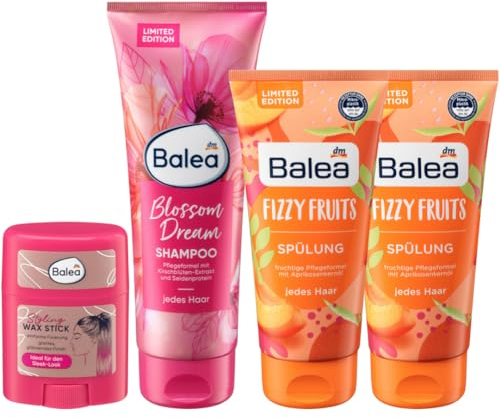 Balea 4er-Set Haarpflege: WAX STYLING STICK für glatt glänzendes Finish Sleek Look (25 g) + Shampoo BLOSSOM DREAM mit Seidenprotein (250 ml) + Spülung FIZZY FRUITS Aprikosenkernöl (2 x 200 ml), 650 ml