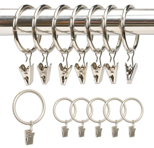 Plstod 40 Pezzi Anelli per Tende con Clips, Argento Anelli Tenda, 32mm MetalloTendaggi Anello Ganci Clips con Occhielli, Clip per Tende per Tende e Anello per Tende da Doccia