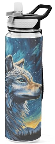 Mnsruu Kunstdruck Wolf auf Nacht Wasserflasche mit Strohhalm, 1 Liter, Sportflasche, Tritan, BPA-frei, klare Trinkflasche für Erwachsene, Outdoor, Schule, Fitnessstudio, Reisen