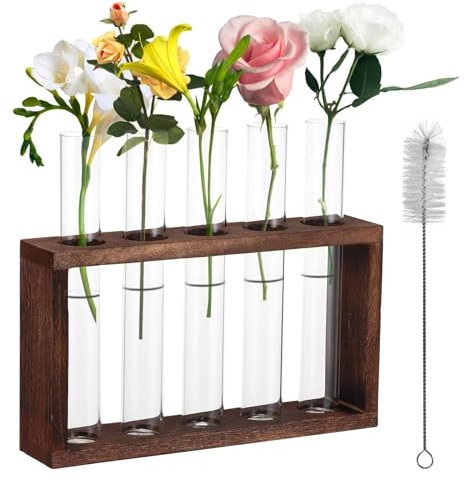 Reagenzglasvase, Pflanzen-Wandvasen, Wandvase, Anzuchtstation mit 5 Röhrchen & Holzregal Reagenzglasvase für Hydrokulturpflanzen für Zuhause, Büro, Wohnzimmer, Küche