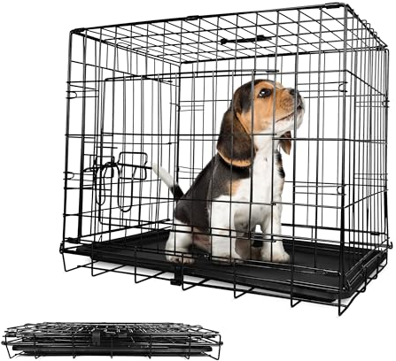 Leopet® Hundekäfig - Faltbar, für Zuhause, Wohnung, Leicht, mit Kunststoffschale, aus Metall, Schwarz - Hundetransportkäfig, Hundetransportbox, Tiertransportbox, Hundebox (LxBxH: 61x42x49 cm)