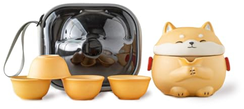 TUCHACA Mini Gaiwan Tea Set, Cute Dog Shiba Inu Teapot with Portable Bag for Travel, Chinese Ceramic Gongfu Teapot with 4 Ceramic Teacups. Gift for Tea Lovers.