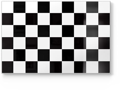 DEQORI Tagliere in vetro, grande, 30 x 20 cm, motivo Scacchiera Illusion, tagliere di design per cucina, tagliere per la colazione, antibatterico e antiscivolo, piano in vetro e piatto da portata