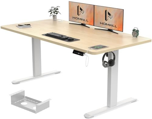Homall Standing Desk 140x80cm Height Adjustable Desk Sit Stand Desk with Time Reminder Stand up Desks 3 Memory Setting Wire Management Tray,Beige