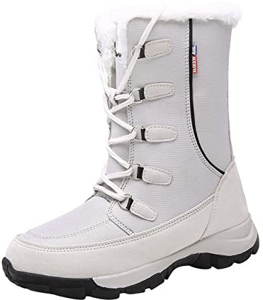 Generico Inverno Donna Stivali da Neve Mid Tube Piatto Antiscivolo Punta Stringata Tinta Unita Peluche Caldo e Confortevole 'Aperto Stivali Invernali Alti Elasticizzati (White, 39)