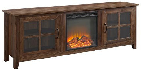 RAABYU Mueble de TV con Chimenea de 70 con Dos Puertas y Paneles de Vidrio de Estilo rústico Moderno para televisores de 80 - Nogal Oscuro