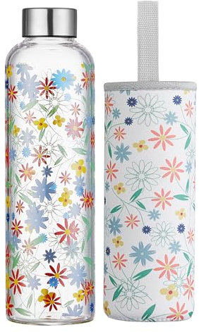 Autsel Gourde en Verre 1 Litre avec Housse en Néoprène - Bouteille d'Eau Artistique en Borosilicate, Étanche, Réutilisable, sans BPA