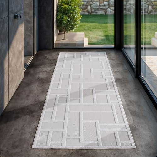 SIMPEX Indoor Outdoor Teppich wetterfest 80x250 cm, 3D Optik, Kariert-Boho Design, waschbar, wetterbeständiges, Natur Creme Farbe, Teppich Wohnzimmer, Küchenteppich, Läufer