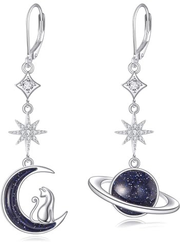 ONEFINITY Katze Mond Planet Ohrringe 925 Sterling Silber Katze baumeln Ohrringe Katze Schmuck für Frauen