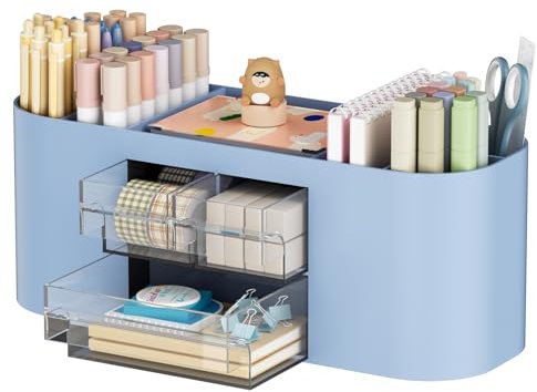 Marbrasse Schreibtisch Organizer mit 3 Schubladen,Multifunktionaler Stiftehalter,Schreibtischzubehör & Ablage mit 7 Fächern für Haus,Schule,Klassenzimmer(Blau)