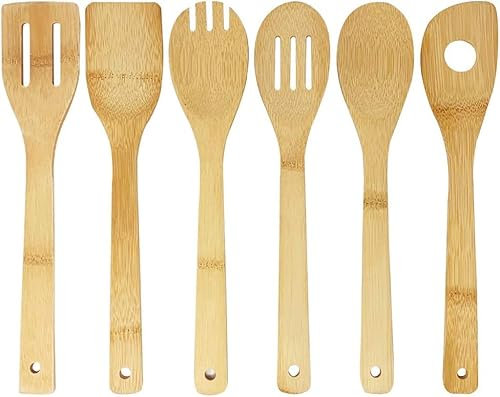 7 Wooden Kitchen Utensils for Cooking, Resistant & Stylish Bamboo Utensils: Wooden Spoon, Bamboo Spatula, Slotted Spoon, Slotted Spatula, Spork, Spatula with Hole