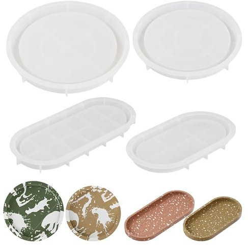 Mapille 4 Pezzi Stampo Silicone Grande per Resina, Stampo Silicone Vassoio Ovale, Stampo Silicone Vassoio Rotondo, Stampo Silicone Piatto, Stampo Vassoio Resina per DIY Vassoio Sottobicchieri