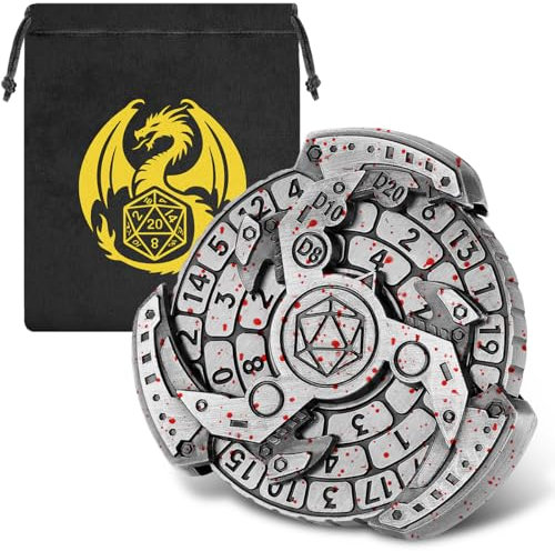 DND Radwürfel Spinner, Fingerspitzen Gyro, 7-in-1 Metall D&D Würfel, Roulette Würfel Spinner, D&D Geschenke mit Drachen Logo Geschenktüte, Rollenspiel Brettspiel Zubehör, Silber mit Roten Punkten