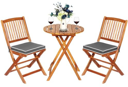 GOPLUS 3tlg. Gartenmöbel Set aus Akazienholz, klappbares Terassen Set, inkl. Rundtisch und 2 Stühlen mit Kissen, Balkonmöbel Sitzgruppe, Sitzgarnitur, für Außenbereich (Grau)