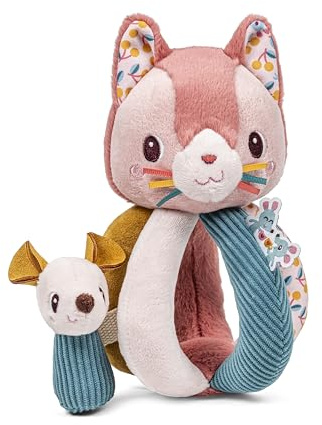 Lilliputiens – Baby-Rassel mit 5 Griffen – Jeanne die Katze – Sensorisches Spielzeug ab 6 Monaten – Regt Seh- und Tastsinn an – Rosa & Grün – 19 cm – 83617