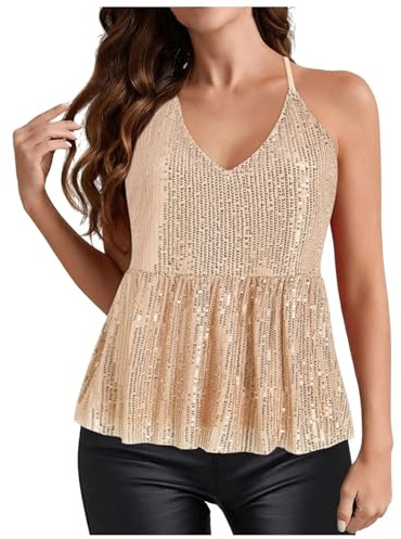 MGDIFYXAA Women Sling Neck Sequin Crop Tank Top Sparkling Slim Fit Blouse Plus Size Summer Elegant Hollow Camisole Rose Gold Xl