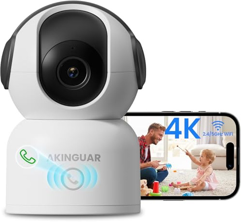 AKINGUAR 4K 8MP Telecamera WiFi Interno, WiFi 2,4/5 GHz Videocamera di Sorveglianza, 360° Telecamera IP, AI Rilevamento Umano/Animali, Audio Bidirezionale, Chiamata con un Tocco