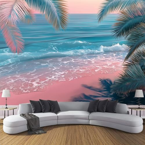 Papier Peint Panoramique Romance Plage Feuilles Palmier Poster Intissé Geant Mural 3D 260×180cm Photo Mural Vagues L'Océan Wallpaper pour Chambre Salon Personnalisé XL Décoration Murale Rose