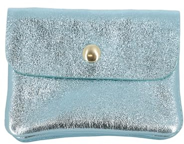 Double Tree | Petit Porte-Monnaie Femme Cuir Irisé Turquoise Court | Mini portefeuille Fin Italien | brillant à rabat élégant | Format enveloppe | Léger et pratique
