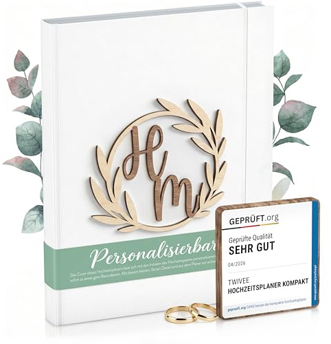 TWIVEE - Der kompakte Hochzeitsplaner - Wedding Planner - deutsch - über 120 Seiten - Organizer für Eure Trauung - Buch zur Hochzeit - Ideales Verlobungsgeschenk - Personalisiert - Initialien - Holz