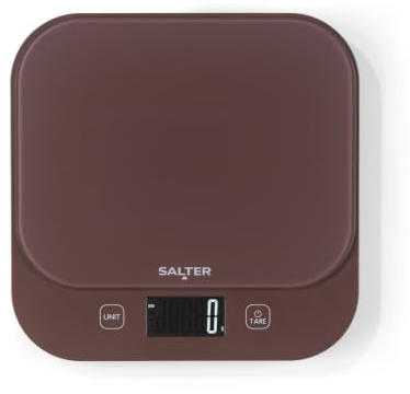 Salter British Bakes Digital Kitchen Scale 10kg, Waterproof Washable | 1g precision, tempered glass platform, tare add and weigh, measures liquids, backlit display, brown finish