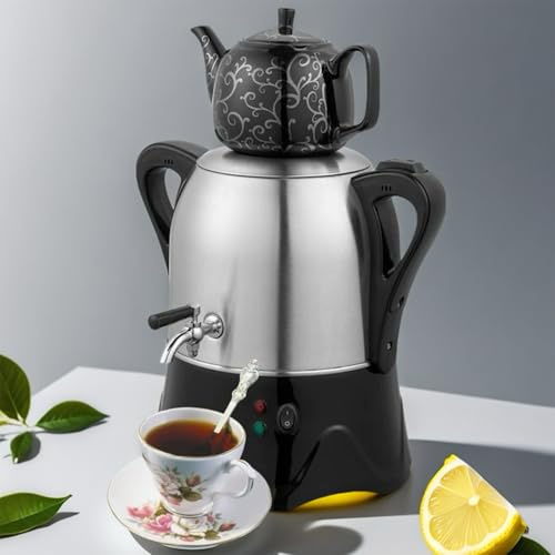 Générique Théière Turque électrique, Bouilloire Samovar 3 L en Acier Inoxydable avec théière en céramique 1 L, Maintien au Chaud pour thé Turc, thé Noir, tisanes et café