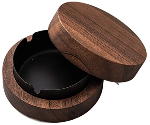 AQBH29LMX Aschenbecher Walnuss-Aschenbecher, einfacher Holzaschenbecher mit Abdeckung, um zu verhindern, DASS Asche fliegt. Der Aschenbecher ist natürlich rund, ohne Dekoration Aschenbecher(Schwarz)
