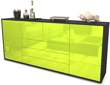 Stil.Zeit Sideboard Ole, Korpus anthrazit matt, Front Hochglanz Limettengrün (180x79x35cm) Push-to-Open Technik & Leichtlaufschienen