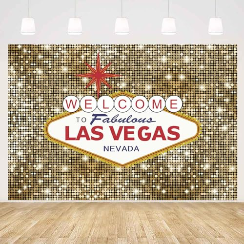 MEHOFOND 2,1 x 1,5 m Welcome to Las Vegas Party Hintergrund Fabulous Casino Poker Vintage Gold Runde Pailletten Fotografie Hintergrund Fotoshooting Dekor Banner Portrait Photo Booth Requisiten