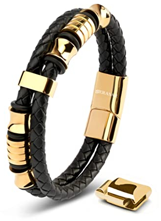 SERASAR Regalos Hombre Pulsera de Cuero Oro 23cm Dorado Pulseras Hombres Brazalete Brazaletes Pulso Muñequera Muñequeras Bisuteria Joyeria Nudos Cuerda Cuerdas Bracelet Men Jewellery