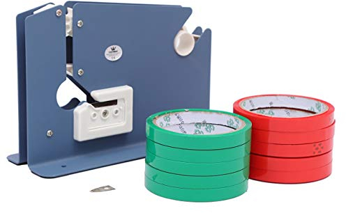 TOPWAY Plastic Bag Neck Sealer Tape Dispenser with One Spare Blade and 10 Rolls Tapes 36m Each, Food Bread Loaf Bag Packaging Sealer Fits 9-12mm Wide Tapes 832156