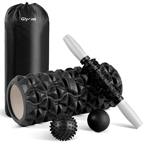 Glymnis Rouleau de Massage 4 en 1 Kit Foam Roller et Baton Massage et 2 Balles de Massage Rouleau en Mousse pour Massage Profond Shaping Yoga (Noir)