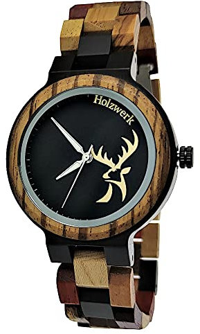 Holzwerk Germany Handgefertigte Designer Herren Herren-Uhr Öko Hirsch Natur Holz-Uhr Armband-Uhr Analog Klassisch Quarz-Uhr mit Hirschmotiv Braun Schwarz