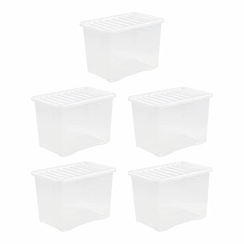 JMS we create smile 80 Litre Crystal Clear Plastic Storage Box With Secure Clip on Lid/School, Office, Home/Stackable Organizing Box/Container/Large Box (Pack of 5)