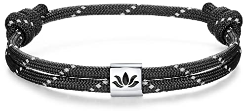 J.Endéar Nautical Paracord Armband mit Lotusblüte für Damen Herren | Silber 925 Lotus Armband Yoga Schmuck | Männer Jungen Surfer Segeltau Freunde Paar Armband Meer Geschenk, Schwarz