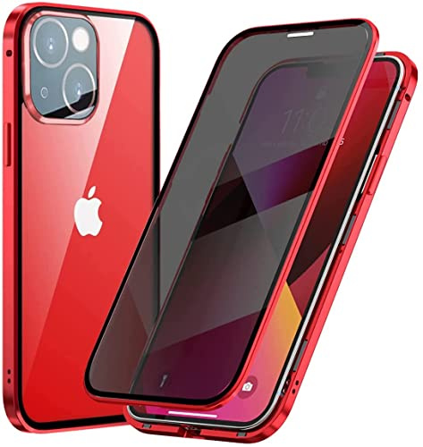 Fiokxie Anti-Peep Magnetische Adsorption Hülle für iPhone 14 Plus, Anti-Spy Handyhülle 360 Grad Metall Case Privat Screen Schutz doppelseitige Gehärtetes Glas Schutzhülle Anti-Spähen Case Cover,Rot