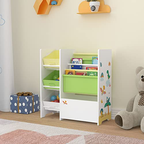 [en.casa] Kinderregal Vimianzo Bücherregal mit 4 Ablagefächern Bücherkiste 3 Faltboxen Spielzeugregal Dinosaurier-Motiv Weiß Grün Gelb Kinderzimmer Organizer Staufach