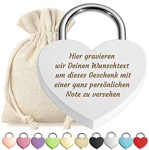polar-effekt Herz Liebes-Schloss Bügelschloss Vorhängeschloss Weiß Gravur mit Schlüssel - Wunschtext - Metall eloxiert - Geschenkbeutel - Geschenk Liebesgeschenk Valentinstag Jahrestag - Paar Ehepaar