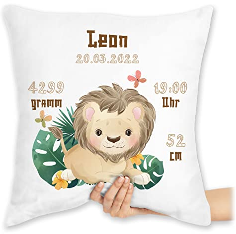 Kissen 40x40 Zierkissen - Zur Geburt - Geburtsgeschenk Löwe Datum Gewicht Uhrzeit Größe - 40 x 40 cm - Weiß - Baby personalisierte Babygeschenk neugeboren Junge kissenhülle löwen geburtskissen