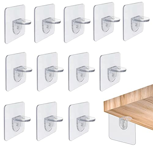 12 Pcs Shelf Support Pegs, Transparent Shelf Support Brackets Self-Adhesive Shelf Bracket L-Shaped Shelf Support Racks with Hole for Furniture Cabinet Bookcase Closet Shelf (7 x 7cm)