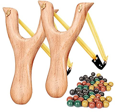 GERUI 2 Stück Schleuder Steinschleuder Zwille Set, Holz Schleuder für Outdoor Sportarten, Katapult mit 100pcs Zwille Tonkugeln, für Erwachsene und Kinder,Spielzeug für den Außenbereich