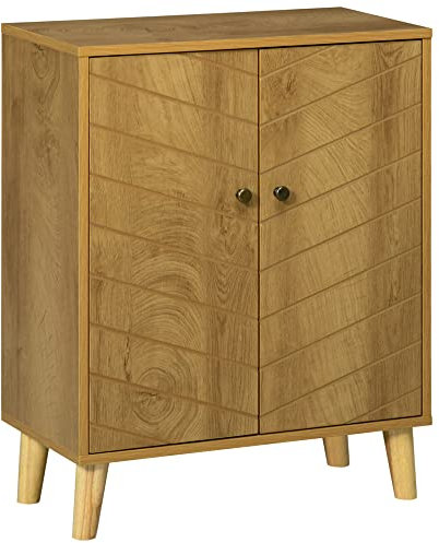 HOMCOM Vintage Storage Cabinet with Double Chevron Doors and Pine Wood Legs, Side Cabinet for Living Room, Kitchen, Bedroom, Natural Wood Effect