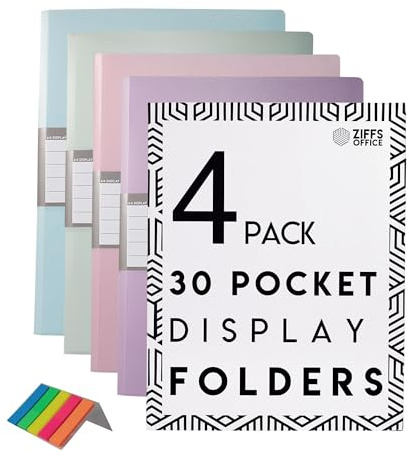 Ziffs Office® Lot de 4 chemises A4 à 30 pochettes - Couleur pastel - Avec pochettes en plastique - Porte-vues - 250 étiquettes autocollantes incluses - Marque britannique