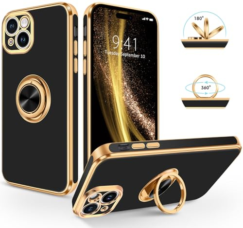 SouliGo iPhone 15 Hülle, iPhone 15 Handyhülle Slim weiche TPU Silikon Case Cover mit 360 Grad Ring Halter Ständer stabil Kratzfest Hülle für iPhone 15 Schwarz Gold
