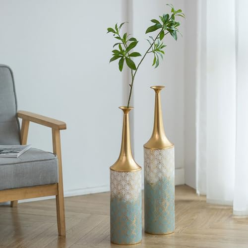 Sziqiqi Extra Grandes Jarrones Suelo - 66/60cm Alto Vintage Floreros Juego de 2 Grandes Costeros Jarrone para Sala Metal Jarrón de Cuello Estrecho para Pampa Artificiales Plantas Ramitas