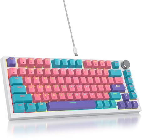 SOLIDEE Wired 75% Mechanical Gaming Keyboard Hot Swappable,Red Switch RGB Backlit keyboard,82 Keys TKL Mechanical Keyboard,PBT Keycaps NKRO Compact Keyboard with Volume Control Knob(82 Pink)