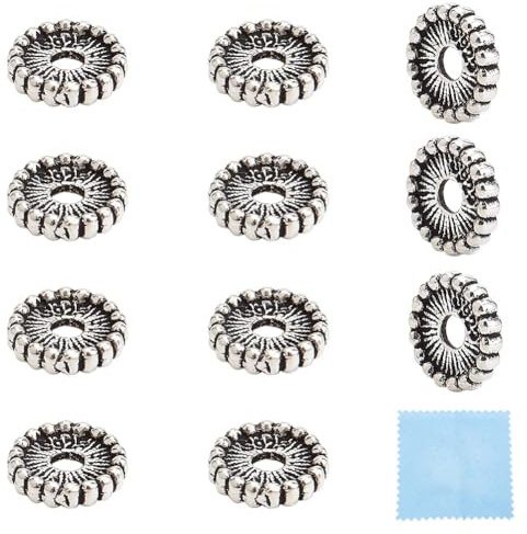 BENECREAT 12 Stück 925 Distanzperlen Aus Sterlingsilber Im Tibetischen Stil, 6mm Flache Runde Abstandsperlen Rondelle Sterling-Münzscheibe Lose Perlen Für Armband, Halskette, Schmuck