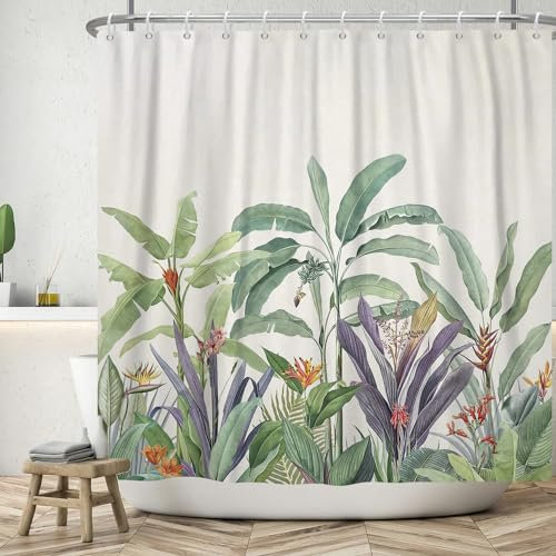 ASDCXZ Blätter Duschvorhang 180x200 cm, Modern Grün Lila Blätter Tropischer Pflanzen Rosa Rot Blumen Waschbar Bad Duschvorhänge Polyester Textil Wasserdicht Duschvorhang für Badewanne mit 12 Haken