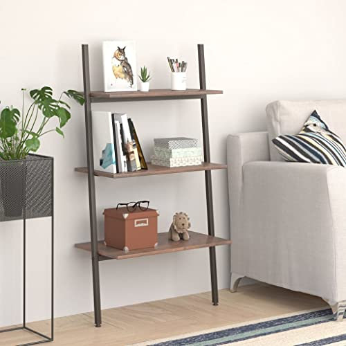 Anlehnregal mit 3 Ablagen,Leiter-Bücherregal,Offene Regale,Aufbewahrungsregale,Display-Regale,Organisator,Freistehendes Lagerregal,für Wohnzimmer,Arbeitszimmer, Dunkelbraun und Schwarz 64x34x116 cm
